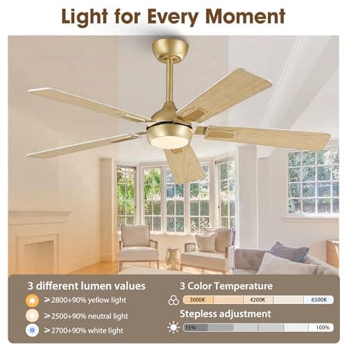 Vaczon 52" White Gold Ceiling Fan with Light and Remote, DC Motor Ceiling Fan with LED Light, 6-Speed Reversible, Dimmable 3CCT, Modern Ceiling Fan for Bedroom Living Room - Thumbnail 3