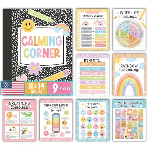 Hadley Designs Calming Corner Posters for Classroom Decor -9 Calm Down Corner Supplies Classroom Must Haves, 11x14 Feelings Emotions Chart for Kids, Pastel Mental Health Posters for School Counselors - Image 1