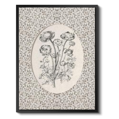 Vintage Black White Floral 3D Stacked Double-Panel Sandstone Wall Art, 12x16 Metal Frame Botanical Sketch Artwork Oval Design, Rustic Farmhouse Neutral Nature Decor for Room Bedroom Office - Image 1