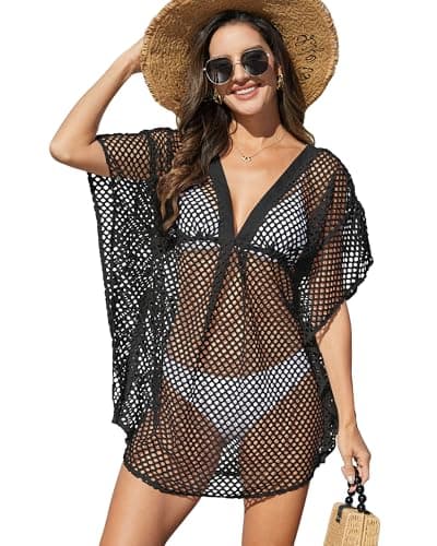 Bsubseach Swimsuit Coverup for Women 2026 Crochet Beach Cover Ups Batwing Sleeve Mesh Kaftan Dress Summer Vacation Outfits Black XXL - Image 1