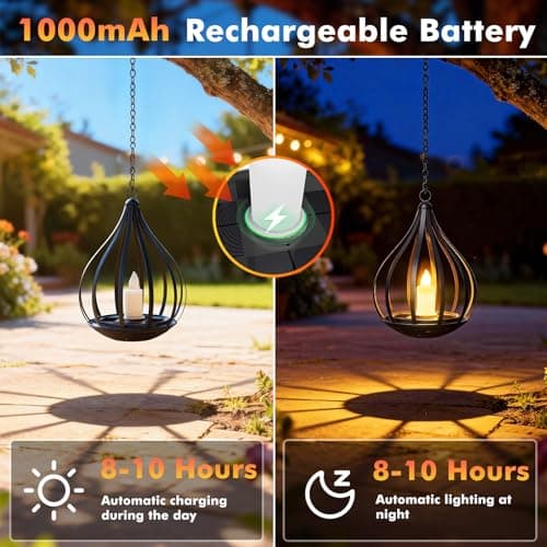 Solar Lanterns Outdoor Waterproof,Hanging Solar Lights Outdoor with Flickering Flameless Candle,Gifts for Women Mom Grandma,Outdoor Solar Lanterns for Garden Patio Backyard Pathway Decor, 2 Pack - Thumbnail 6