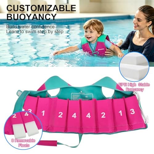 Tooklee Kids Swim Vest for Girls 1-2-3-5-7-9 Years Old, Toddler Swim Vest 20-30-40-80 Pounds with Adjustable Buoyancy for Swimming Trainer, Kids Pool Floaties Jacket with Crotch Strap, Pink, L - Thumbnail 3