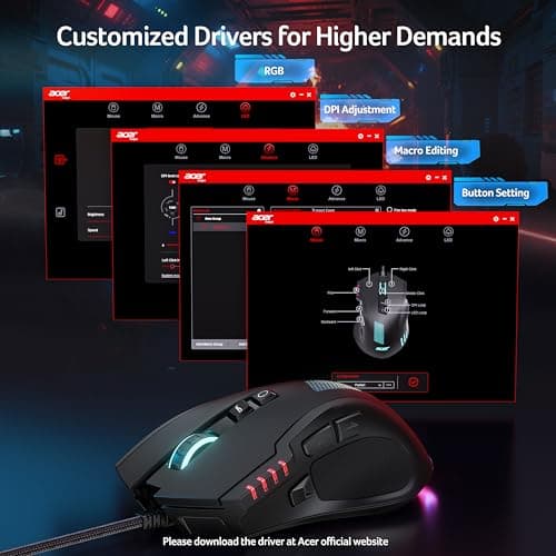acer Wired Gaming Mouse, 12,800 DPI RGB Ergonomic Computer Mouse with Optical Sensor, 8 Programmable Buttons, 12 Backlit Modes, Software for DIY Keybinds, Rapid Fire, USB Gaming Mice for Laptop, PC - Thumbnail 6