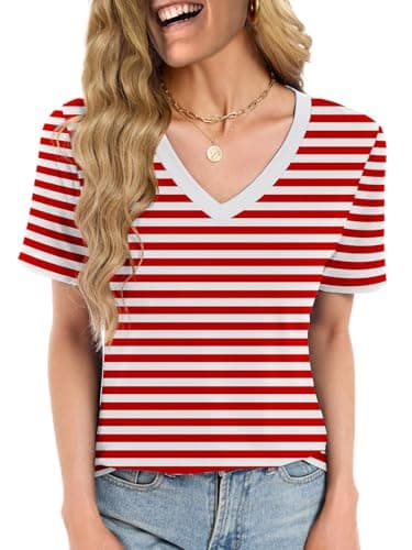 Womens Summer Tops Short Sleeve V Neck T Shirts Blouses Plus Size Tunic Vacation Beach Vacation Boho Outfits, Red/White Stripe 3XL - Image 1