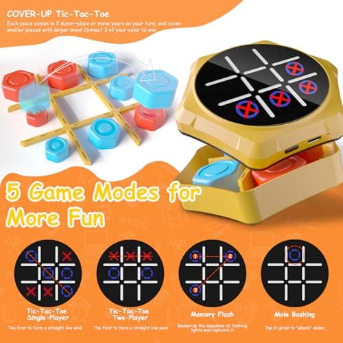 VDPDO Electronic Tic Tac Toe Game, 5-in-1 Electric Tic Tac Toe with Mute & Rechargeable - Handheld Travel Board Game for Kids Ages 4+, Adults, Family - Educational Learning Toy for Boys Girls, Yellow - Thumbnail 3