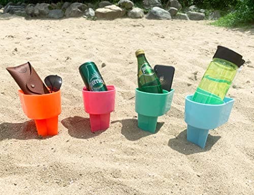 Home Queen Beach Cup Holder with Pocket, Multifunctional Sand Cup Holder for Beverage Phone Sunglass Key, Beach Accessory Drink Sand Coaster, Set of 4 (Teal, Orange, Blue and Pink) - Image 1
