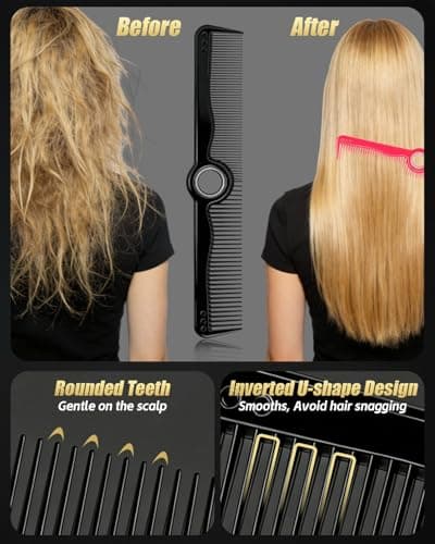 Comb Set - 8" Rotatable Fine and Wide Tooth Comb, 9" Rat Tail Parting Comb, Break Resistant, Ultra Durable, Rounded Teeth, Anti-Static, Professional Barber Salon Use for Stylists & Hairdressers - Thumbnail 4