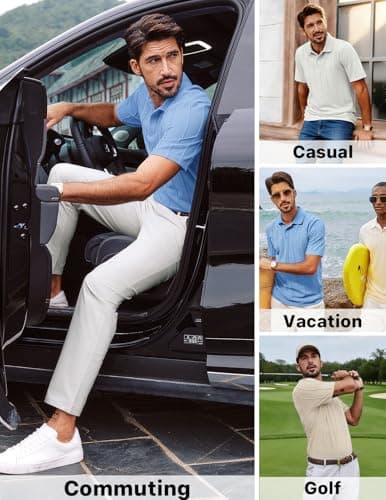 PJ PAUL JONES Mens Knit Polo Shirts Short Sleeve Textured Polo Golf Collared Shirt Casual Vacation Fashion Tops White M - Thumbnail 5