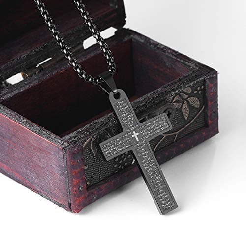 Rehoboth Stainless Steel Bible Verse Our Father Lord's Prayer Cross Pendant Necklaces for Men Women 24 Inch Chain Black - Thumbnail 2