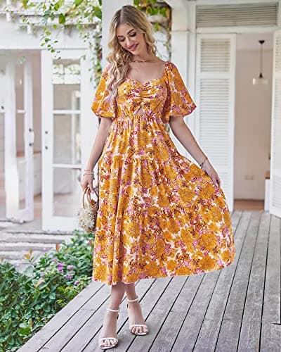 BTFBM Summer Dresses for Women 2026 Spring Outfits Beach Vacation Short Sleeve Smocked Boho Casual Floral Maxi Dress(Floral Yellow, Small) - Thumbnail 3