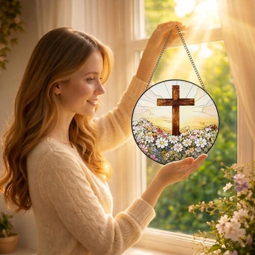 Russel Molly 8 Inch Stained Glass Cross and Wildflowers Suncatcher Christian Stained Glass Windows Hanging Flower Cross Gift for Religious Mother's Day Faith Christian Gifts Religious Home Decor - Thumbnail 2