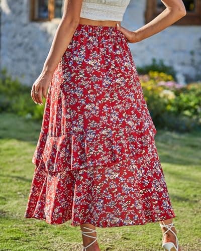BTFBM Women 2026 Spring Summer Long Skirts Dress Boho Floral Elastic Waist Split Ruffle High Low Beach Maxi Skirt Clothes(Print Floral Red, Small) - Thumbnail 4