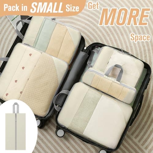 WOOMADA Compression Packing Cubes for Suitcases Travel Essentials 6 Set Rectangle Mesh Expandable Travel Bags Organizer for Luggage(Beige) - Thumbnail 4