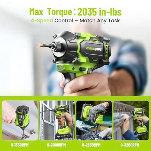 Robustrue 21V Cordless Drill & Impact Driver Combo Kit, 3/8" Drill & 1/4" Impact Driver, 2×2000mAh Batteries, Fast Charger, 16-Piece Bit Set for DIY Projects, Furniture Assembly & Home Repairs - Thumbnail 4