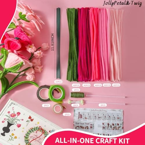 JollyPetal&Twig Pipe Cleaners Craft 5 Colors,Chenille Stems Plush Craft Kit,Pink Pipe Cleaners Flowers Kit with Floral Tape for Wedding Gifts Graduation Bouquet (Pink) - Thumbnail 2
