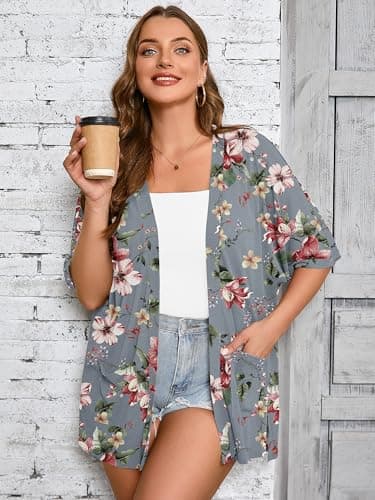 AusLook Plus Size Printed Cardigan for Women 4X Short Sleeve Lightweight Open Front Shrug with Pockets for Dresses and Layering - Thumbnail 5