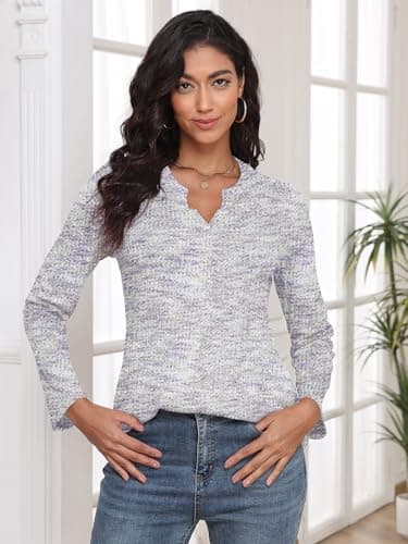 COCOMARTS Womens Waffle Knit V Neck Tops Long Sleeve Henley Shirts Casual Blouses Fall Winter Outfits 2025 Trendy Clothes Purple White Small - Thumbnail 3