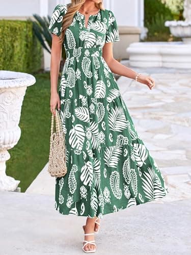 BTFBM Womens Summer Floral Maxi Dresses V Neck Short Sleeve Boho Casual Flowy Long Wedding Guest Dress Beach Vacation(Floral Green White, Medium) - Thumbnail 4