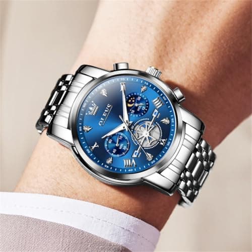 OLEVS Watch Men Luxury Blue Big Face Silver Stainless Steel Dress Wrist Moon Phase Chronograph Waterproof Watches for Men Analog Quartz Cheap Luminous Mens Watches Relojes para Hombres - Thumbnail 2