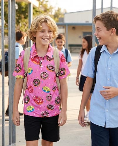 Boys Collared Shirt Spring Donut Polo Shirts Kids Golf Collared Short Sleeve Cute School Uniform Size 5-6 Years Athletic Dry Fit Tops Pink Casual Clothes - Thumbnail 2