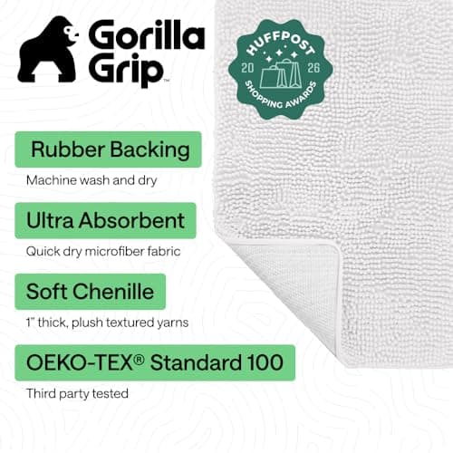 GORILLA GRIP Bath Rug Mat 60x17, Thick Soft Absorbent Chenille, Quick Dry Microfiber Mats, Rubber Backing Washable Shower Floor Rugs, Bathmat Runner, US Designed Bathroom Home Decor Accessories White - Thumbnail 2