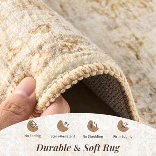 tchdio 5x7 Area Rugs for Living Room, Vintage Non Slip Washable Rug, Soft Low Pile Neutral Area Rug Large Floor Indoor Carpet for Bedroom, Dining Room, Office (Beige, 5'x7') - Thumbnail 2
