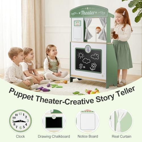 DREAM BUILDING Kids Grocery Store Pretend Play, Puppet Theater&Grocery Store Playset Toy Double-Sided, Toddler Supermarket Toy Cash Register w/Blackboard, Display Shelves, Gift for Boys Girls, Green - Thumbnail 3