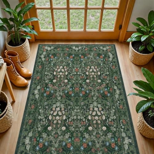 Green Boho Floral 3x5 Rugs for Large Entryway, Farmhouse Botanical Washable Area Rug for Dorm, Bedroom Bedside, Foyer, Kitchen, Laundry - Cottagecore Distressed Carpet, Low Pile Non Slip Mat - Image 1