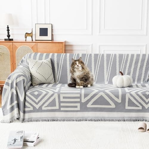 Andency Couch Cover Sofa Cover for 3 Cushion Oversized Slipover, Boho Washable Sectional Large Couch Covers for L-Shape Dogs Sofa Protector, Anti Slip Reversible Couch Covers, 71''x150'', Grey - Thumbnail 2