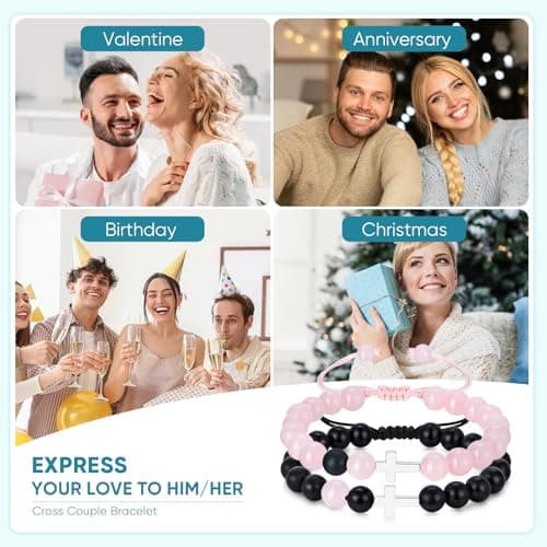 Couple Bracelet Cross Jewelry Gifts - S925 Sterling Silver 2Pcs Rose Quartz Black Agate Matching Unique Bead Adjustable Rope Romantic for Boyfriend Girlfriend Christmas Valentine Anniversary Birthday - Thumbnail 5