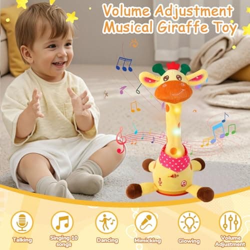 MILEGI Dancing Talking Musical Giraffe Toy, Tummy Time Toy with Volume Adjustment, Singing Giraffe Stuffed Animal 10 Children's Songs Light Up Toys, Repeating What You Say, Baby Toy - Thumbnail 3