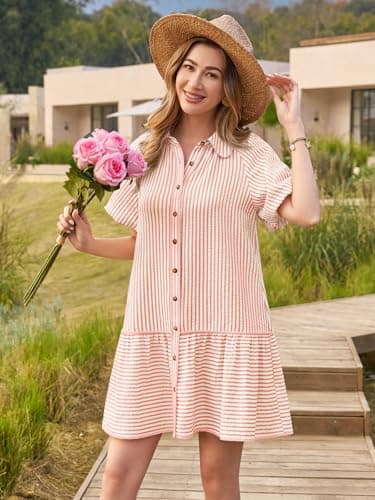 Wenrine Womens Summer Button Down Shirt Dress Casual Striped Puff Short Sleeve Collared Loose Mini Dresses with Pockets Pink - Thumbnail 5