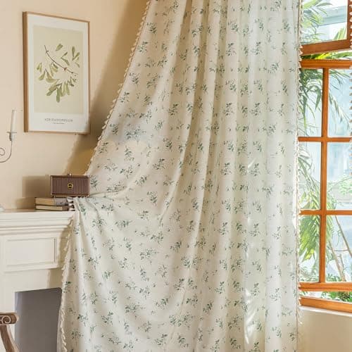 OYX Boho Floral Spring Semi Sheer Curtains 63 Inch Length 2 Panels, Linen Texture Farmhouse Light Filtering Curtains Beige Tassel for Bedroom Living Room Vintage Rustic Patterned Printed Rod Pocket - Image 1