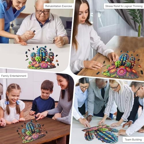 Wooden Puzzles for Adults, Glowing Cactus Flower Wooden Jigsaw Puzzle 200 Pieces, Unique Shaped Wooden Puzzle, Creative Gift for Mom Friends Kids Family Game Night Home Decor 10.3 * 11in - Thumbnail 6