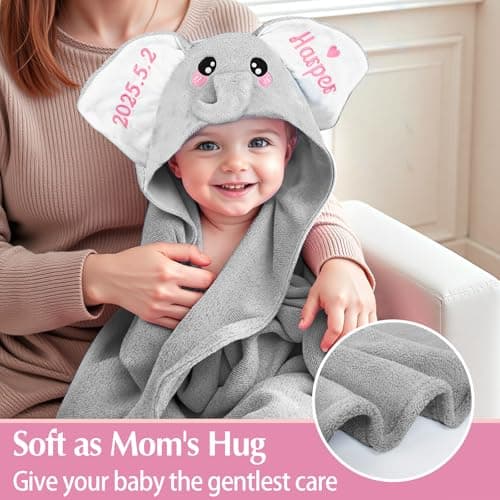 Individz Custom Hooded Bath Towel with Name, Personalized Highly Absorbent Elephant Towels, Baby Bath Towels for Girls Boys, Christmas Brithday for Baby, Toddler, Newborn (Grey) - Thumbnail 6