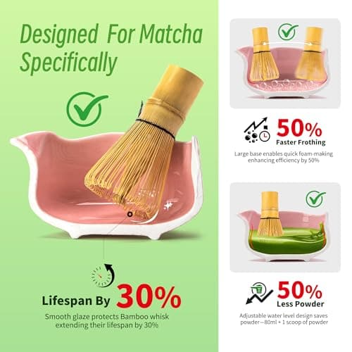 TEANAGOO 7-PCS Pink Matcha Whisk Set with Cherry Blossom Design, Complete Ceremony Kit, Ceramic Chawan Bowl with Spout, Whisk & Accessories, Traditional Matcha Tea Set for Lattes& Gift Giving - Thumbnail 3