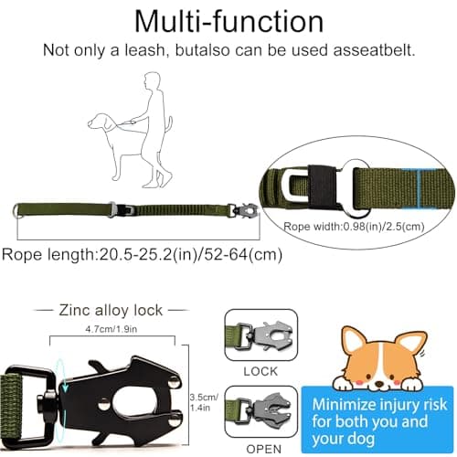20” Strong Short Leash for Dog, Heavy Duty Bungee Dogs Leash with Padded Handle Car Seatbelt, Dog Training Leashs for Large or Medium Dogs - Can be Used with Other leashes (Army Green) - Thumbnail 2