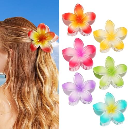 Flower Hair Clips 6 PCS Hawaiian Claw Clips for Vacation Hibiscus Hair Claw Clips Cute Large Hair Clips for Thick and Thin Hair Plumeria Hair Accessories for Women Girls -Petal - Thumbnail 4