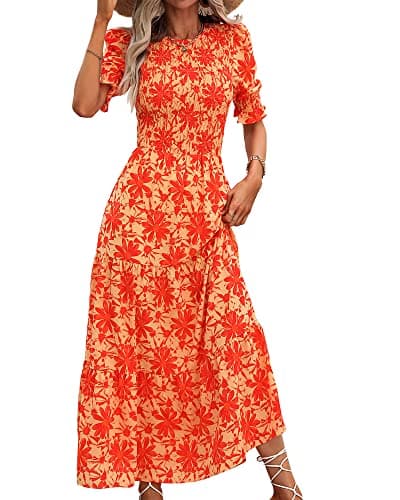 BTFBM Women Casual Summer Dresses 2026 Spring Crew Neck Ruffle Short Sleeve Smocked Floral Boho Flowy Maxi Dress Clothes(Big Floral Orange, Small) - Image 1
