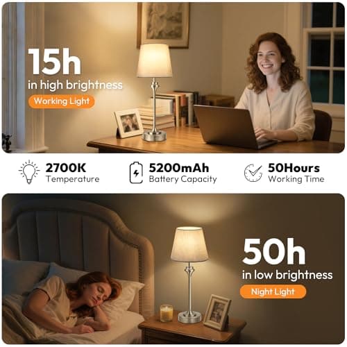 NIORSUN Portables Cordless Table Lamp,Flaxen Fabric Shade Battery Operated Lamp,5200mAh Bedside Table Lamp with Warm White,3 Way Dimmable Touch Desk Lamp for Bedroom Living Room Restaurant (Silver) - Thumbnail 4