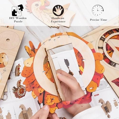 Kosmickiss 3D Wooden Puzzles for Adults-Retro Hen Wall Clock with Swinging-Mechanical Wooden DIY Clock Kit-Wooden Models for Adults to Build-Vintage Home Decor - Thumbnail 6