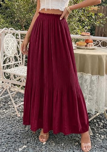 PRETTYGARDEN Pleated Midi Skirts for Women 2026 Flowy Summer Beach Vacation High Waisted Chiffon Boho A-Line Long Skirt(Wine Red,Small) - Thumbnail 2