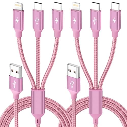 3 in 1 Multi Charging Cable with 2Type-C+ 1IP Ports, Pink USB C Splitter Multi Charging Cables for Multiple Devices, Travel Car Charger Cord for iPhone17-12, Android Tablet Pad and More (2Packs, 4FT) - Image 1