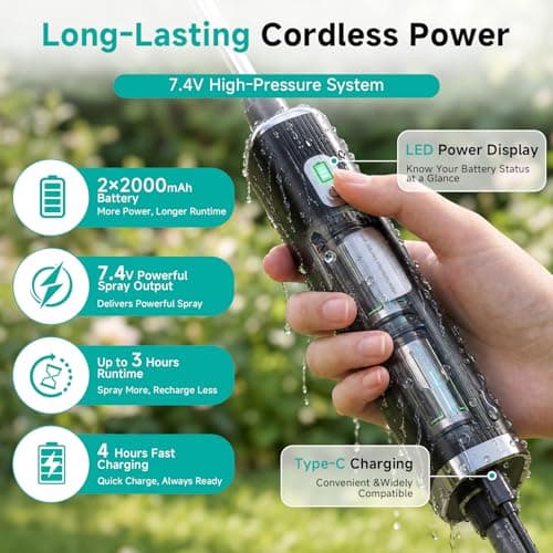 Battery Powered Garden Sprayer 2 Gallon, 7.4V High Pressure Rechargeable Weed Sprayer with 3 Pressure Mode, 5 Spray Nozzles, Telescopic Wand, Battery Indicator, Adjustable Strap for Lawn Garden, Green - Thumbnail 3