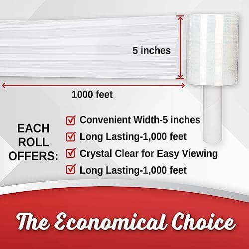 2 Pack Industrial Strength Mini Hand Stretch Wrap 5" 1000 Ft Roll 80 Gauge Thick, Shrink Wrap Roll for Moving Supplies, Furniture, Pallets, Plastic Wrap for Packing, Heavy Duty Stretch Film - Thumbnail 3