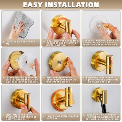 Fenas Suction Cup Hooks for Shower - Bathroom Reusable Hooks for Towels, Robes & Loofah - No-Drill Mounting on Kitchen,Walls,Metal,Glass,Mirrors,Tile & Smooth Non-Porous Surfaces (2, Brushed Gold) - Thumbnail 5