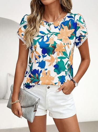 PRETTYGARDEN Womens Spring Tops 2026 Casual Crewneck Lace Crochet Short Sleeve Shirts Floral Boho Blouse Loose Tunic Top(White Blue Flower,X-Small) - Thumbnail 4
