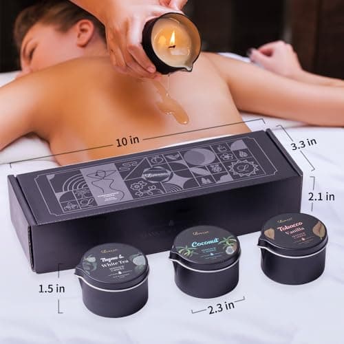 Massage Oil Candle 3 Pack,Coconut Oil Based-Daily Moisturizing Body Oil Relaxing-Natural Therapy Oil Scented Candle-6.9OZ (Coconut, Tobacco Vanilla, Thyme & White Tea) - Thumbnail 3