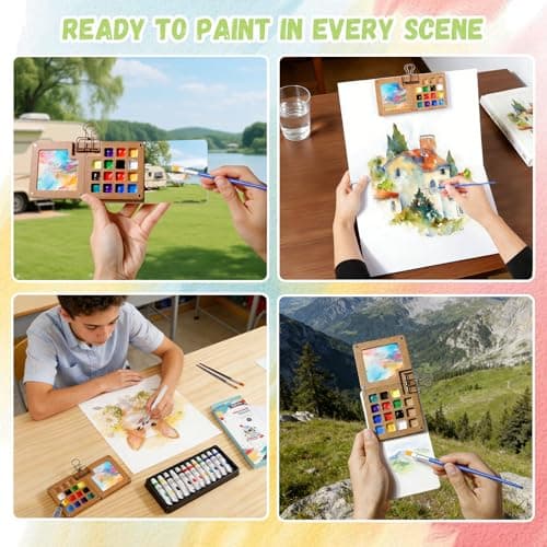 Watercolor Paint Set 12 Colors, 15-Compartment Mini Travel Watercolor Kit with 5 Brushes & Sketchbook, Portable Wooden Box with Color Storage Case for Plein Air & Urban Sketching - Thumbnail 4