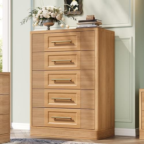 RECHHX Farmhouse 5 Drawers Dresser for Bedroom, 44" Tall Modern Chest of Drawers, Wooden Thermoformed Curved Dresser Organizer for Bedroom, Living Room, Natural Oak - Image 1